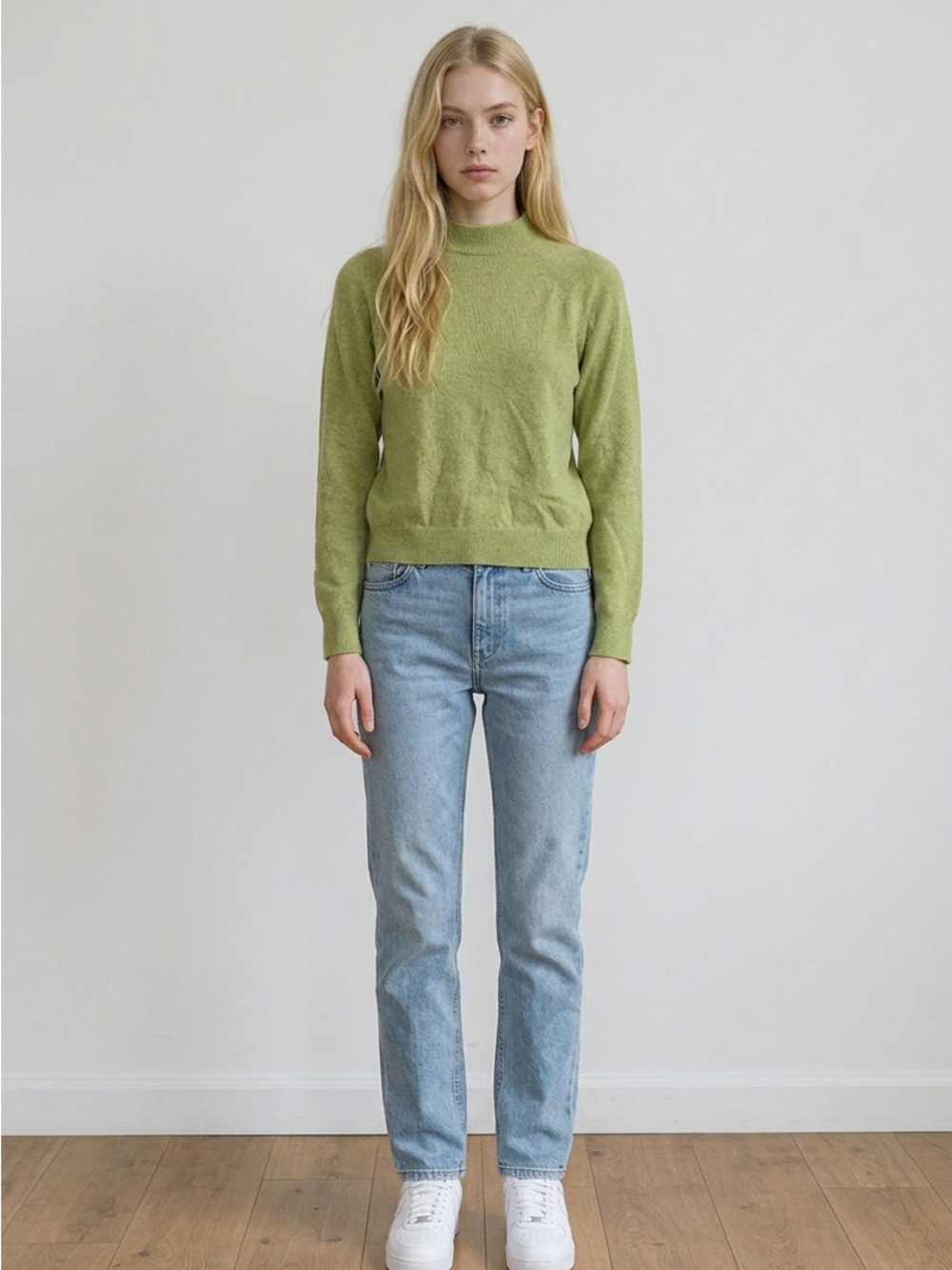 Designers Originals Light Green Crewneck Sweater with Light Blue Jeans